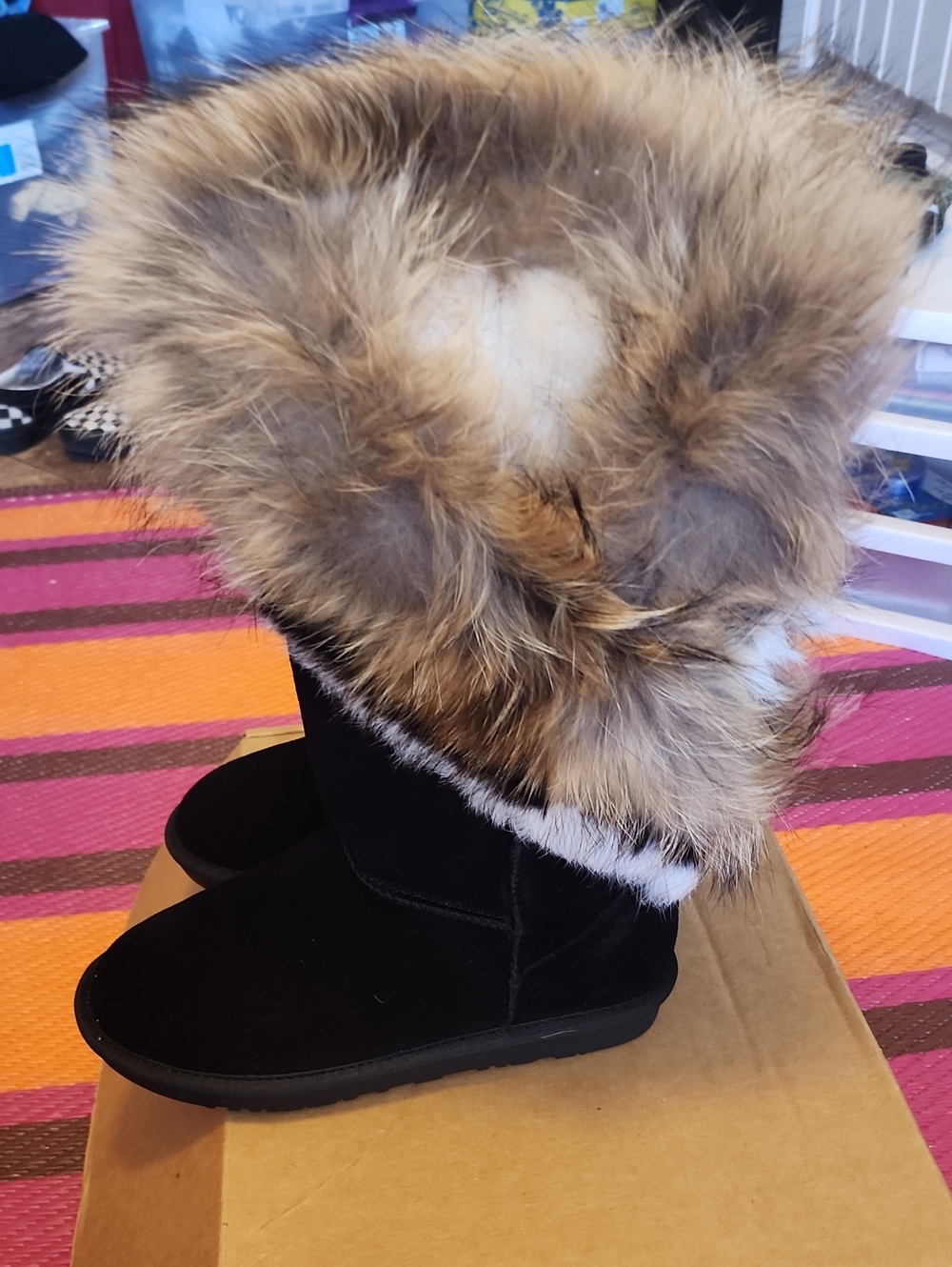Black Suede Winter Boots with Faux Fur Trim - Women's - Picture 2 of 5